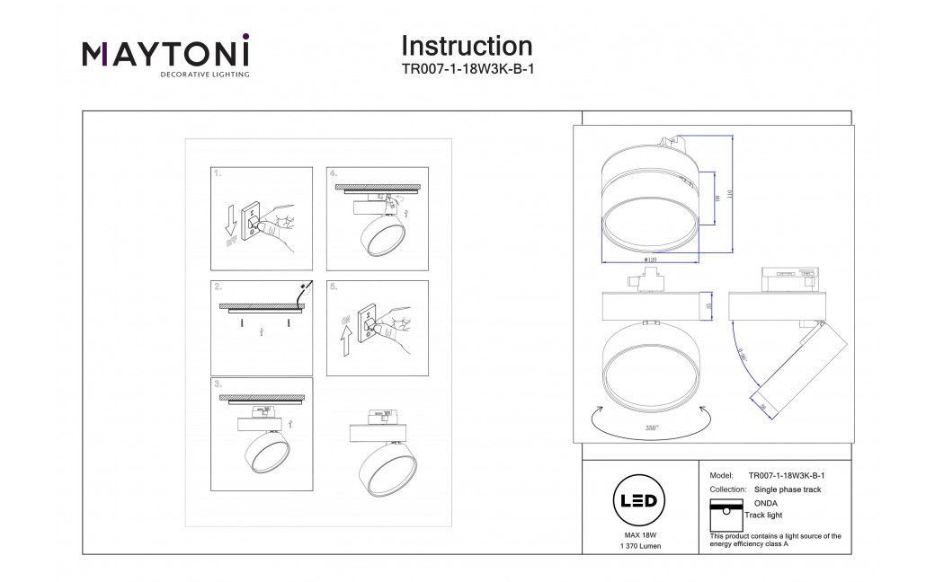 Maytoni ONDA Reflektor do Szyny UNITY 1-obwodowej LED 1370lm 3000K Czarny TR007-1-18W3K-B-1