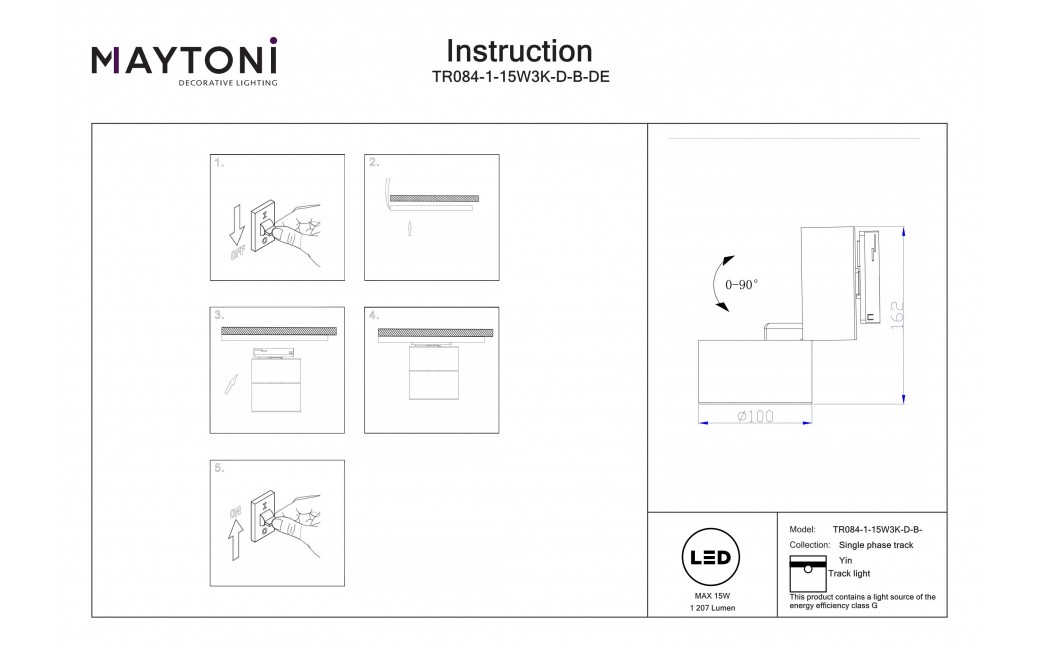 Maytoni Yin Reflektor do Szyny UNITY 1-obwodowej LED 1207lm 2700K-4000K Czarny TR084-1-15W3K-D-B-DE