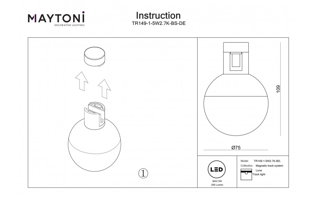 Maytoni Luna Lampa Kula do Szyny Flarity LED 250lm 2700K Mosiądz TR149-1-5W2.7K-BS-DE