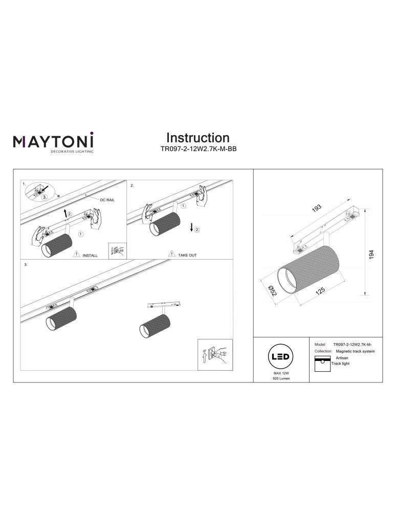 Magnetic rail lamps - Maytoni Artisan Spotlight for Exility LED Rail 920lm 2700K Black TR097-2-12W2.7K-M-BB - product kolory-swiatla.pl 9