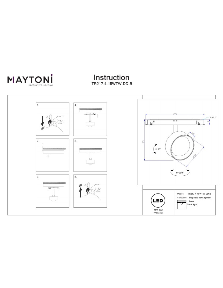 Maytoni Lens Reflektor do Szyny Exility LED 770lm 2700K-6500K Czarny TR217-4-15WTW-DD-B
