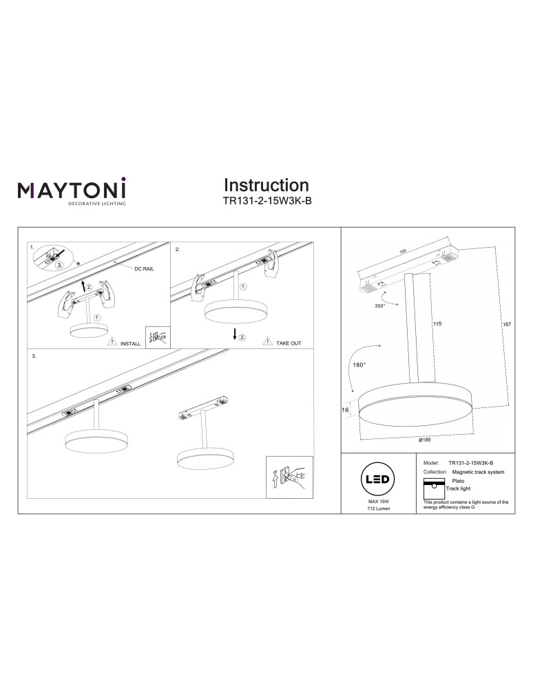Maytoni Plato Exility LED Rail Plate Lamp 712lm 3000K Black TR131-2-15W3K-B.