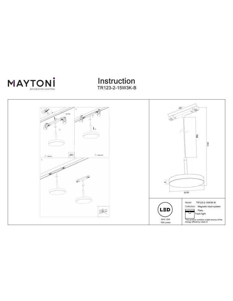 Maytoni Plato Exility LED Rail Plate Lamp 708lm 3000K Black TR123-2-15W3K-B.