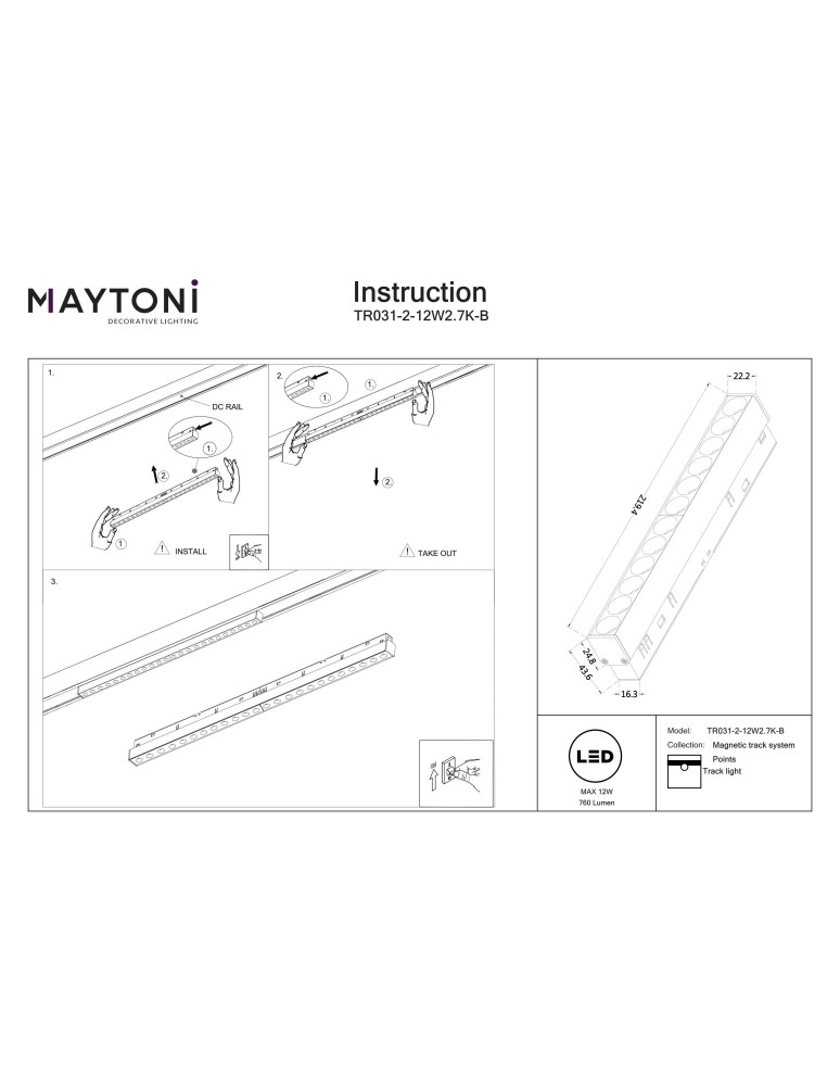 Magnetic rail lamps - Maytoni Points Exility LED Rail Linear Lamp 760lm 2700K Black TR031-2-12W2.7K-B - product kolory-swiatla.pl 8