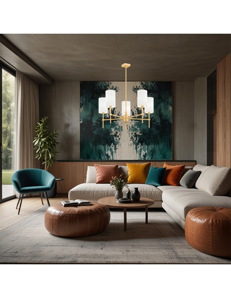 Hampton style chandeliers - Argon ABRUZZO 5 fl. chandelier 5x7W (max) white brushed brass 2134 - product kolory-swiatla.pl 2