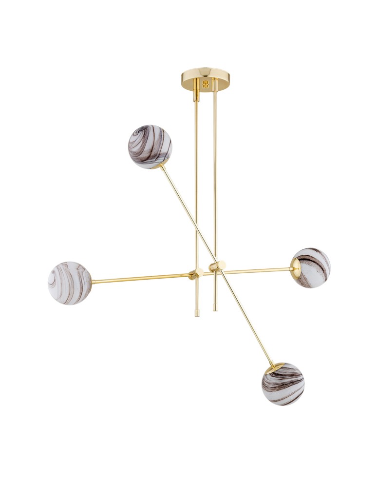 Pendant lamps spheres - Argon ABSOS 1840 4-light pendant lamp with white and brown (marble) lampshades, brass glass frame, brass-plated steel - product kolory-swiatla.pl 3