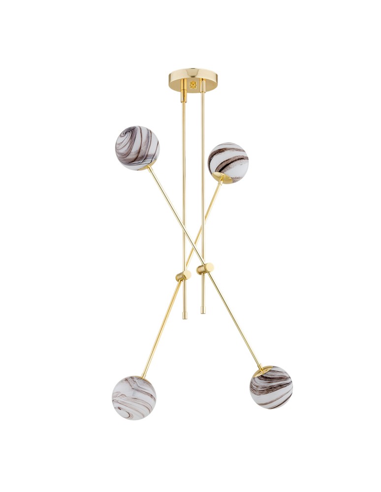 Pendant lamps spheres - Argon ABSOS 1840 4-light pendant lamp with white and brown (marble) lampshades, brass glass frame, brass-plated steel - product kolory-swiatla.pl 4