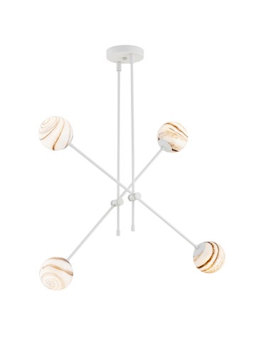 Argon ABSOS 1841 4-light pendant lamp with white and brown (marble) lampshades, cream white glass frame, lacquered steel