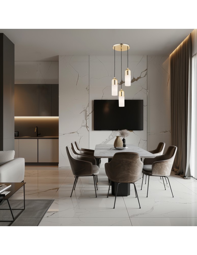 Brass-colored pendant lamps - Argon BURGOS 3 fl. pendant lamp round headliner 3x15W (max) opal matt brass 1466 - product kolory-swiatla.pl 3