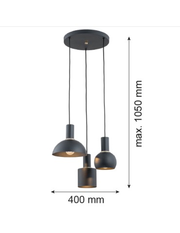 Argon SINES lampa wisząca 3 pł. na okrągłej podsufitce 3x15W (max) czarny struktura elementy mosiądzowane 1472 - produkt 2