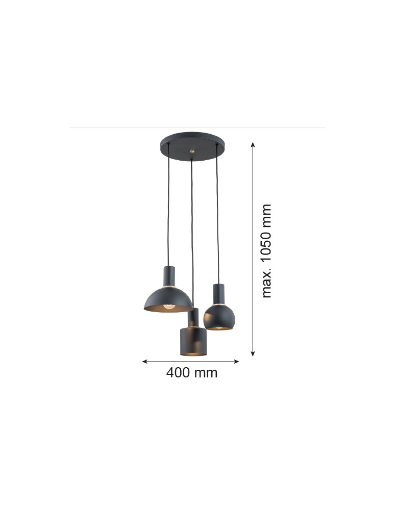 Argon SINES lampa wisząca 3 pł. na okrągłej podsufitce 3x15W (max) czarny struktura elementy mosiądzowane 1472