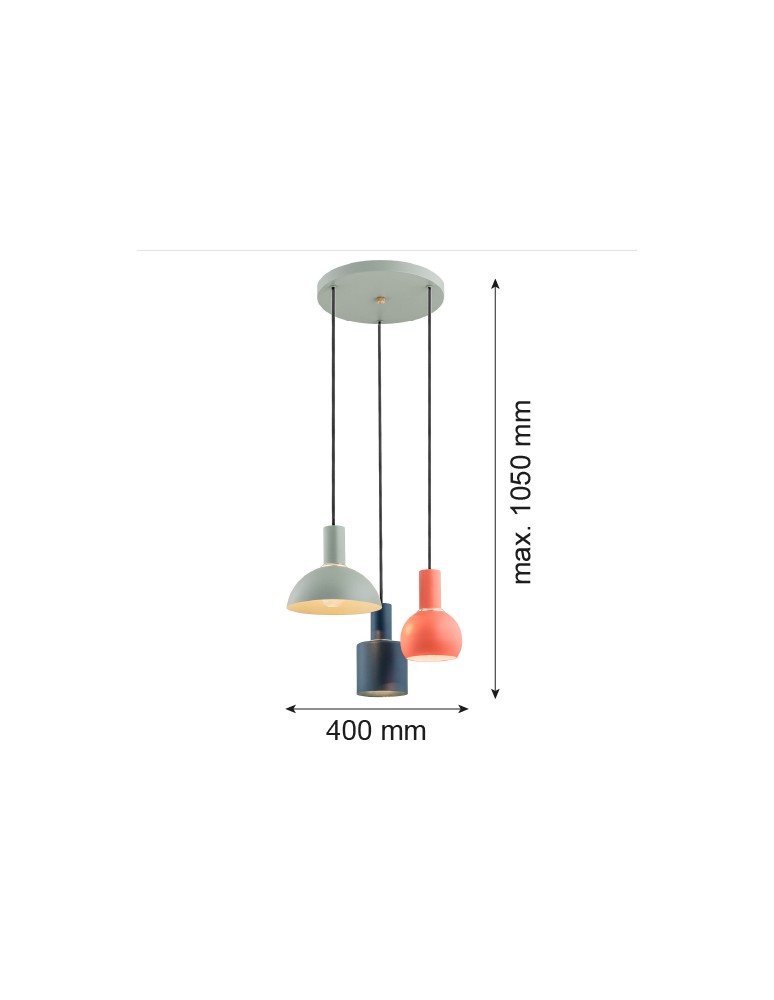 Argon SINES lampa wisząca 3 pł. na okrągłej podsufitce 3x15W (max) mix (szałwia, koral, czarny) elementy mosiądzowane 1479