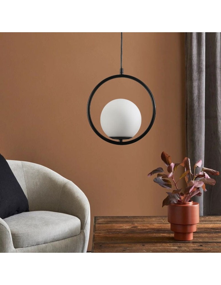 Abruzzo Lampa Wisząca Czarna  Kula Mleczna Rossi E27 ABR-LWMR-E27