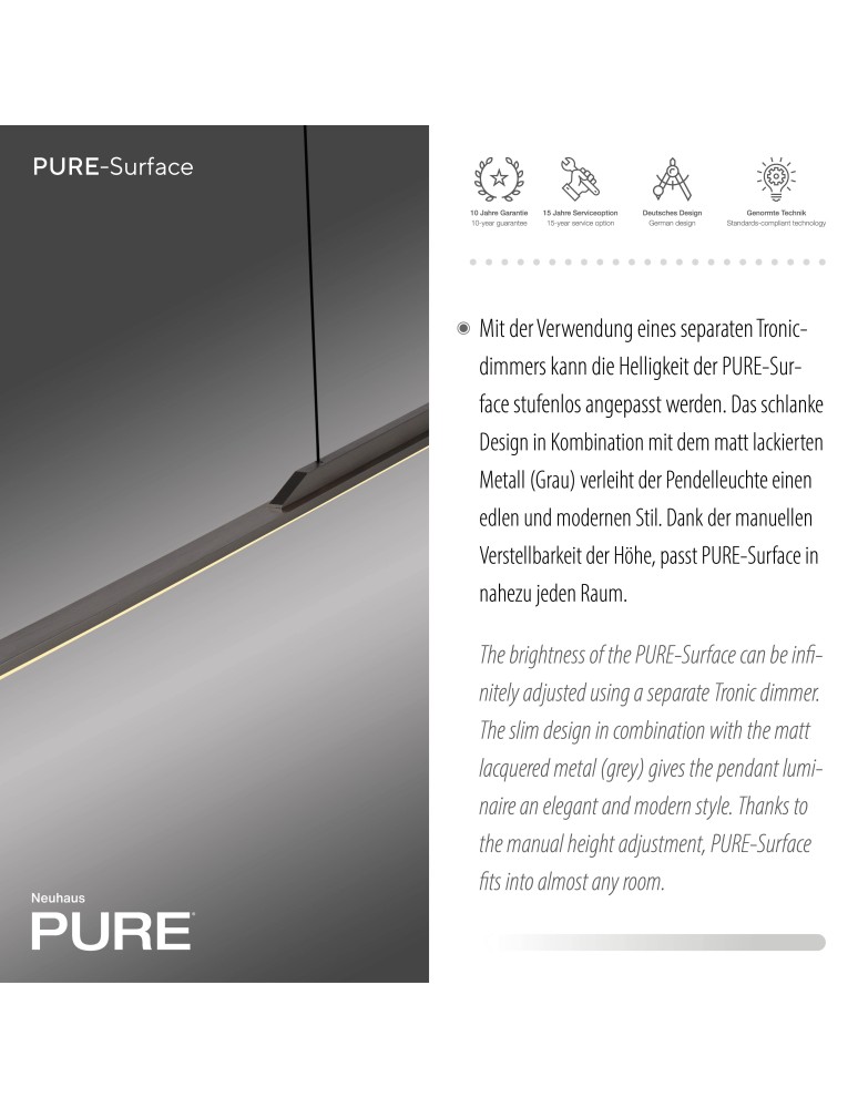 Paul Neuhaus Pure Surface Lampa Wisząca Szary 2301-15