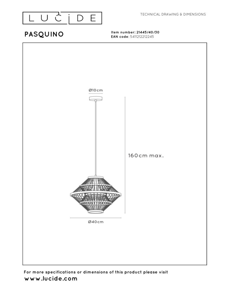 Lucide PASQUINO Lampa wisząca – Czarna – D40 – 1xE27 – 40W – Sklejka 21445/40/30