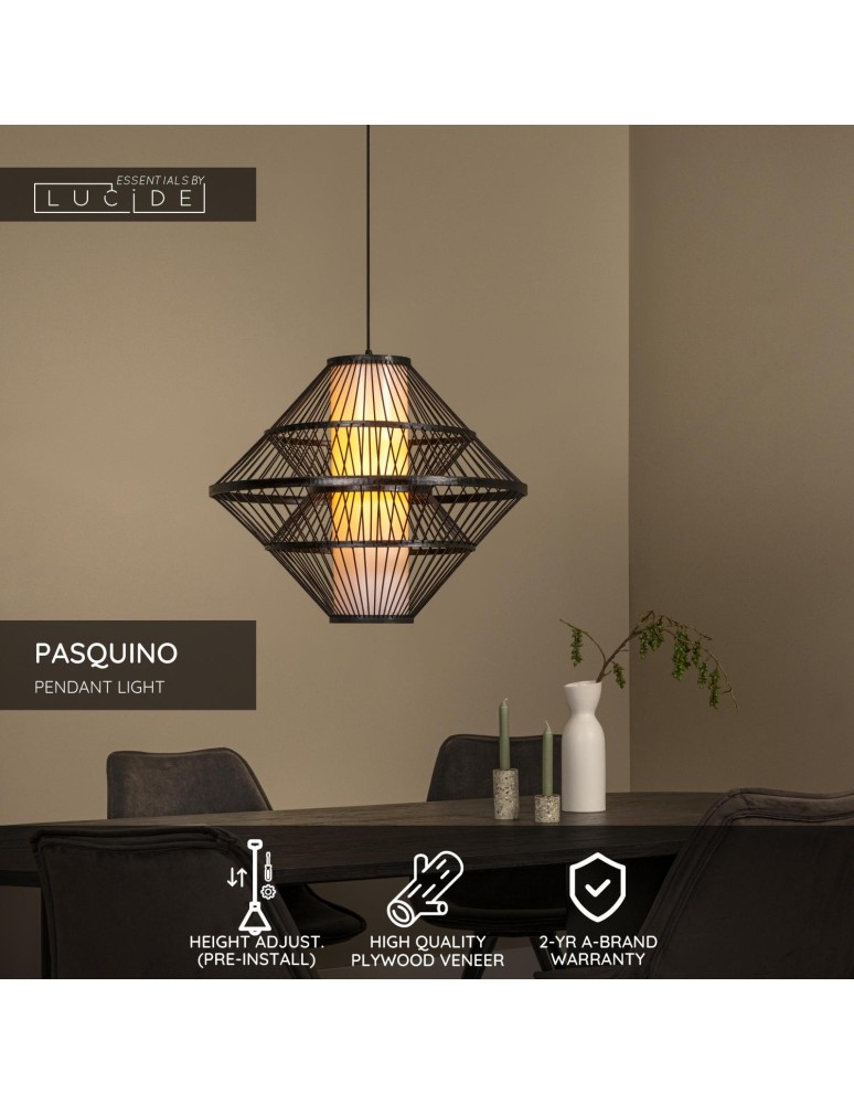 Lucide PASQUINO Lampa wisząca – Czarna – D60 – 1xE27 – 40W – Sklejka 21445/60/30