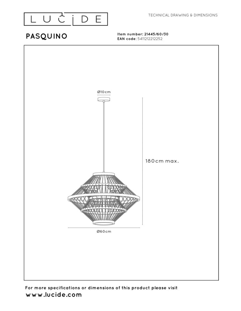 Lucide PASQUINO Lampa wisząca – Czarna – D60 – 1xE27 – 40W – Sklejka 21445/60/30