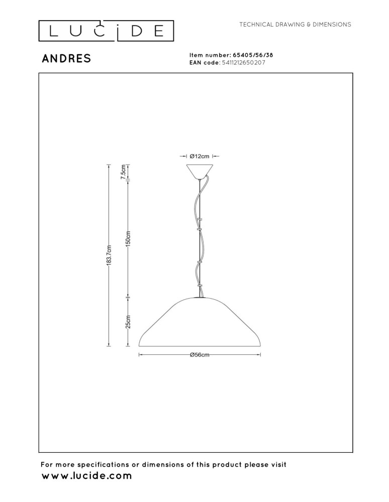 Lucide ANDRES Lampa wisząca – Kremowa – D56 – 1xE27 – 40W – Metal 65405/56/38