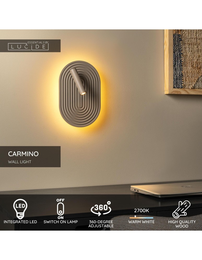 Lucide CARMINO Kinkiet – Taupe – LED – 14W – 2700K – Drewno 77292/12/41