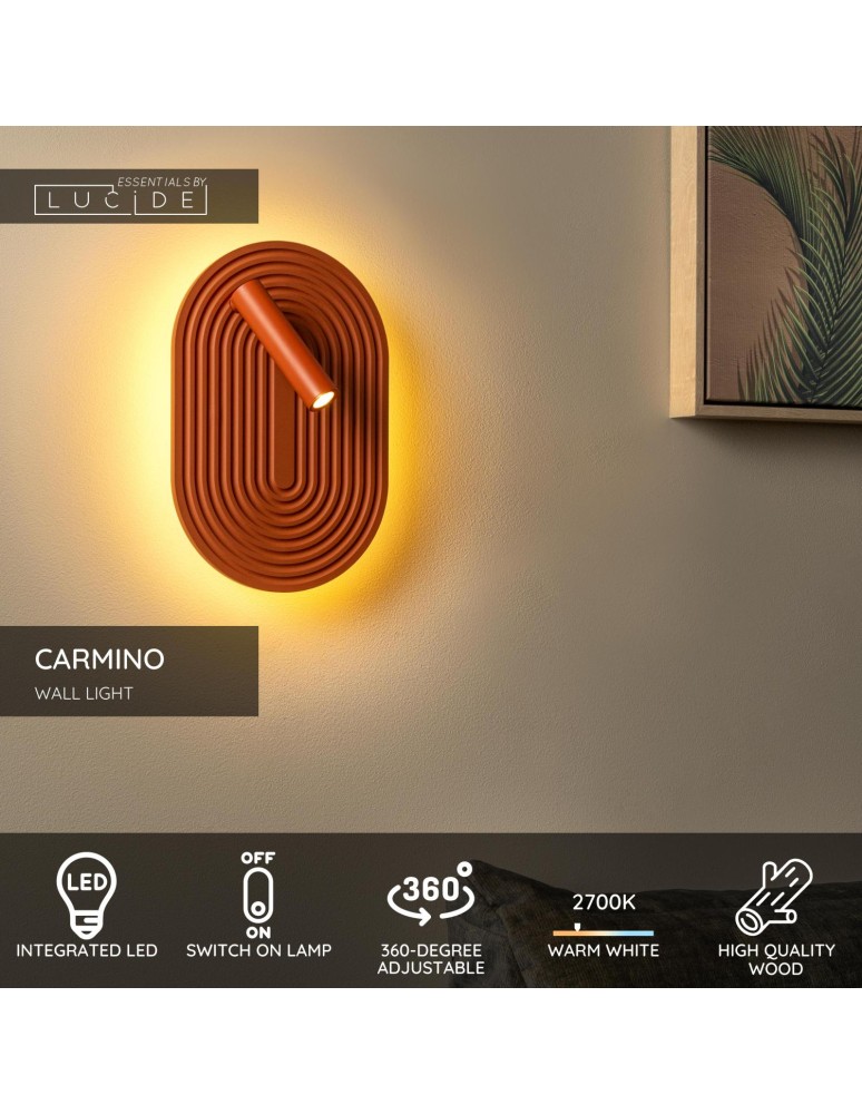 Lucide CARMINO Kinkiet – Terakota – LED – 12W – 2700K – Drewno 77292/12/55