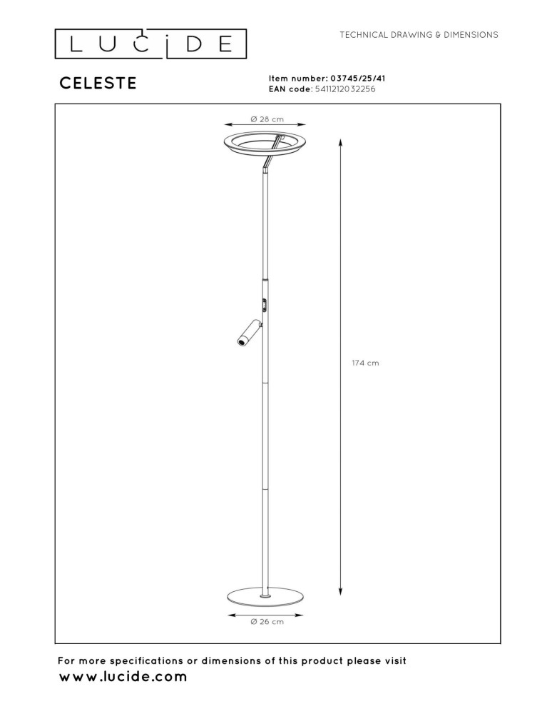 Lucide CELESTE to lampa podłogowa o nowoczesnym, minimalistycznym i ponadczasowym charakterze. Przy wysokości 174 cm i solidne