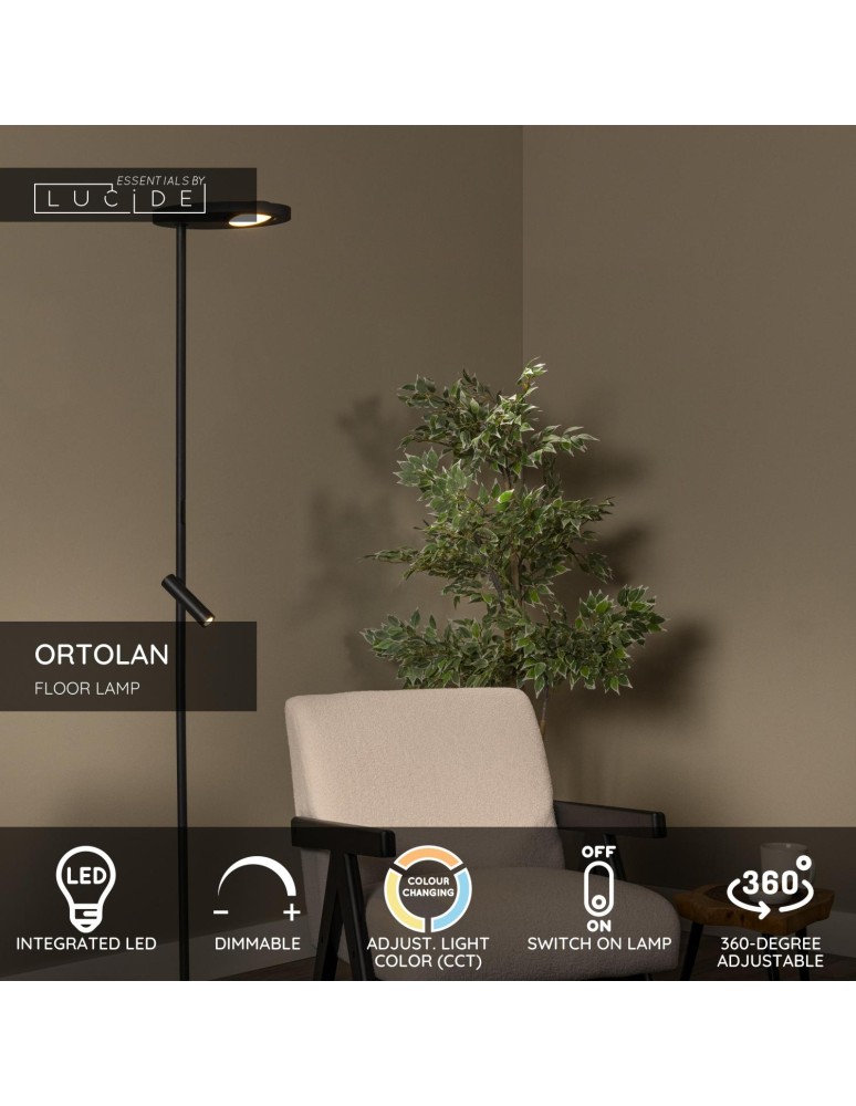 Lucide ORTOLAN Lampa podłogowa – Czarna – LED ściemnialna – 6W – 2700K – 120V 03752/21/30