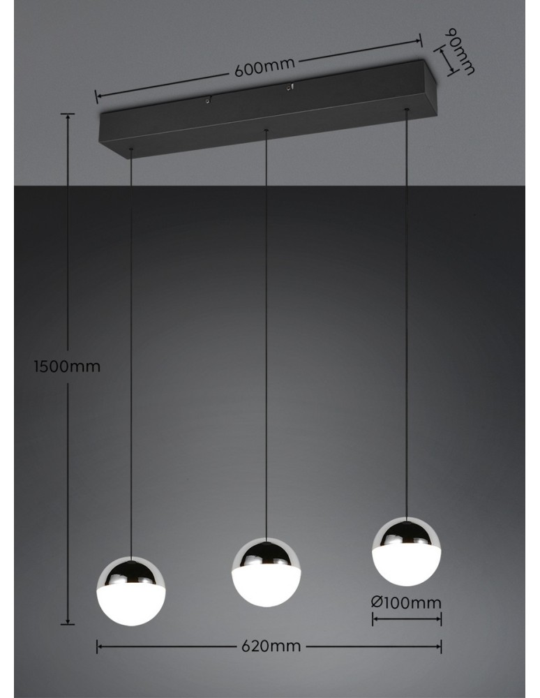 RL Trzypunktowa lampa wisząca w kolorze chrom, idealna do równomiernego oświetlenia większej przestrzeni nad stołem lub w s