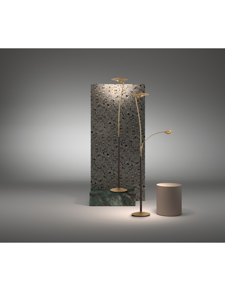MDC Lampa podłogowa ZENIT S WOOD mosiądz mat, orzech LED 30+10W 3000K ściemnialna 450096102
