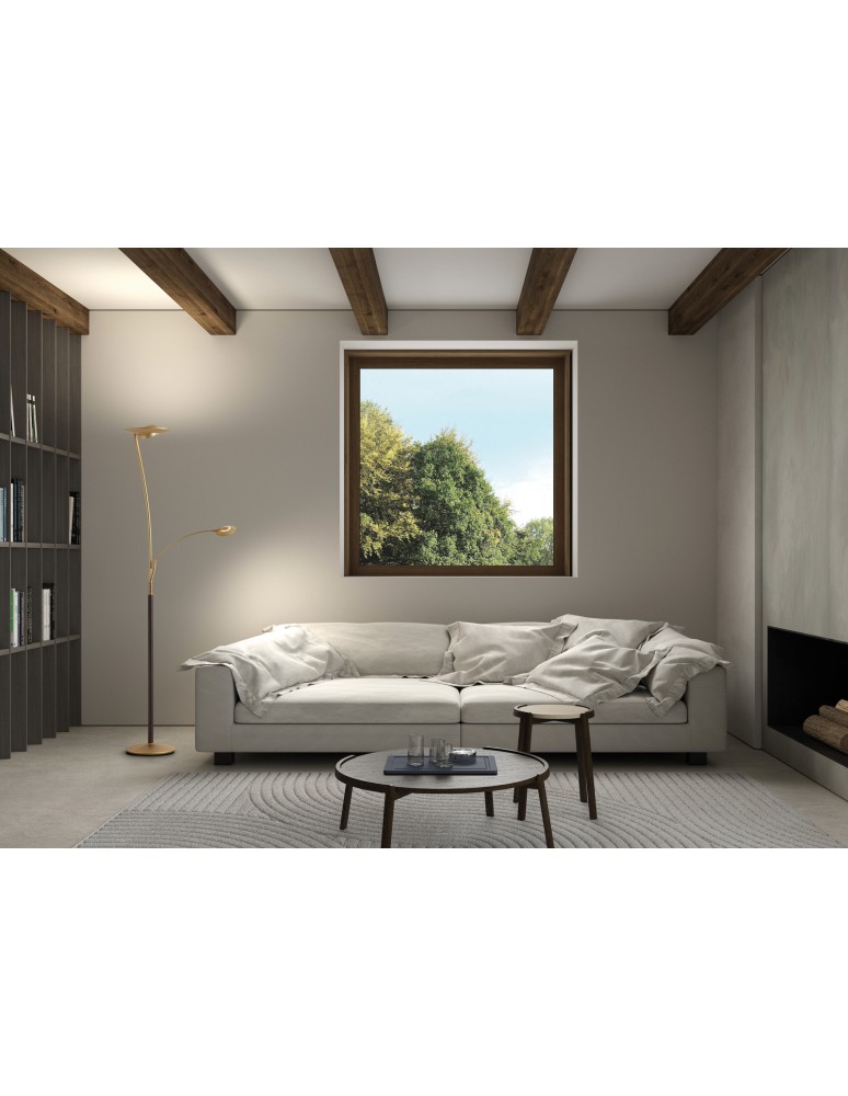 MDC Lampa podłogowa ZENIT WOOD mosiądz mat, orzech LED 30W+10W+7W 3000K ściemnialna 450086102