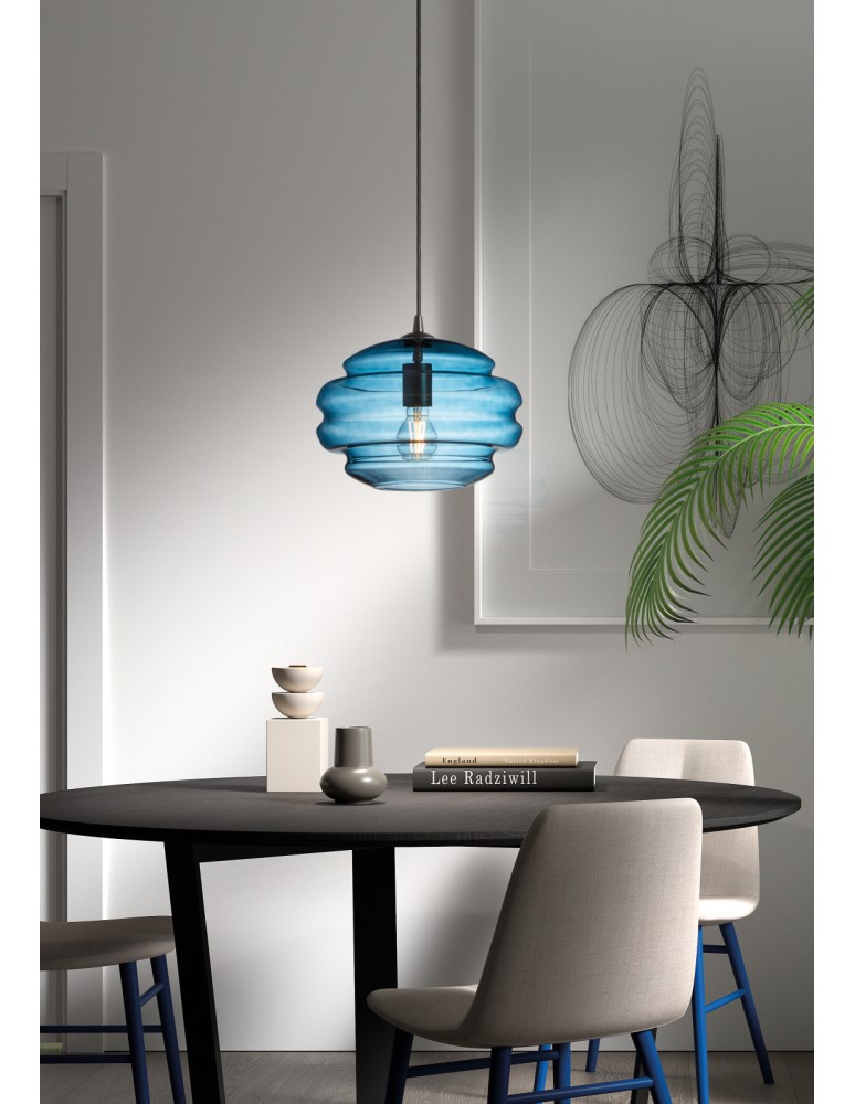 MDC Lampa wisząca MEL XL niebieski klosz, czarny Ø40cm 1xE27 579909006