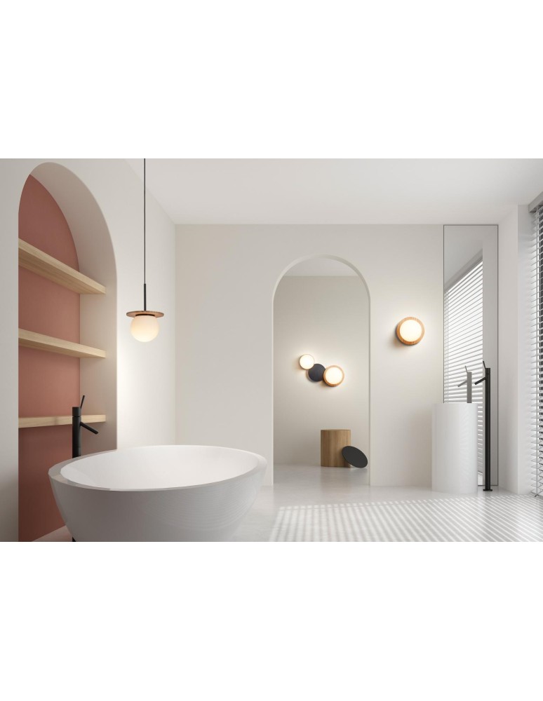 MDC Lampa ścienna łazienkowa FLOC drewno naturalne, czarny mat Ø17 E27 IP44 450319103