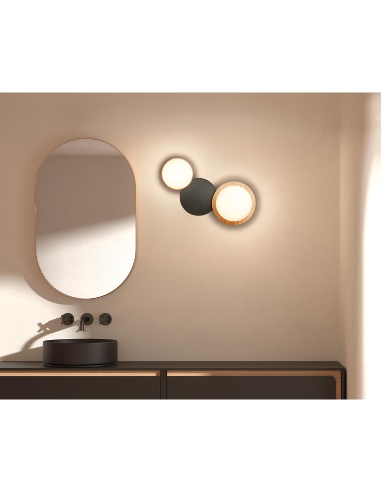 MDC Lampa ścienna łazienkowa FLOC DUO PLUS M drewno naturalne, czarny mat Ø17+Ø15 2xE27 450339103