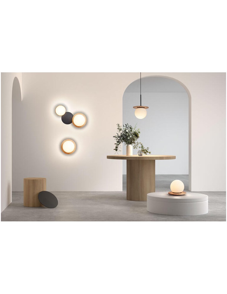 MDC Lampa stołowa FLOC czarny mat, drewniany naturalny Ø17 1xE27 szkło mlecznobiałe 450309103