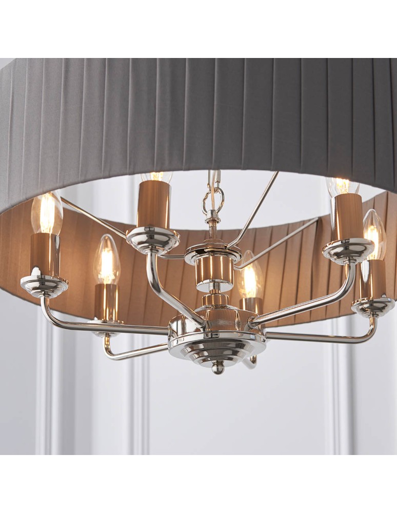 Endon Highclere Wisząca 6xE14 Powłoka z Jasnego Niklu i Tkanina w Kolorze Węgla Drzewnego 94397