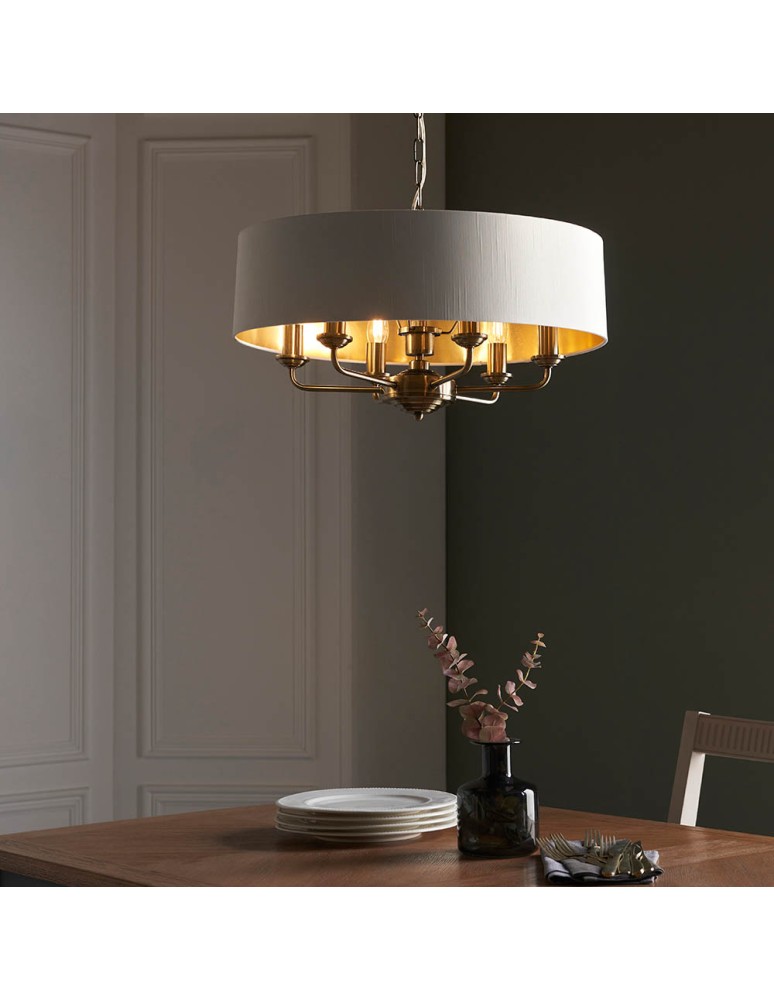Endon Highclere Wisząca 6xE14 Powłoka z Antycznego Mosiądzu i Biała Tkanina w Stylu Vintage 98933