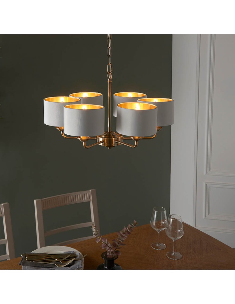 Endon Highclere Wisząca 6xE14 Powłoka z Antycznego Mosiądzu i Biała Tkanina w Stylu Vintage 98936