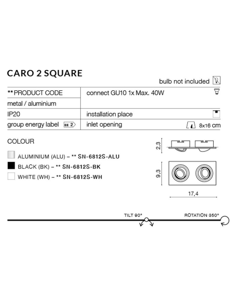Square flush-mounted lamps - Azzardo CARO 2 SQUARE WHITE 2xGU10 Recessed White AZ2436 - product kolory-swiatla.pl 3