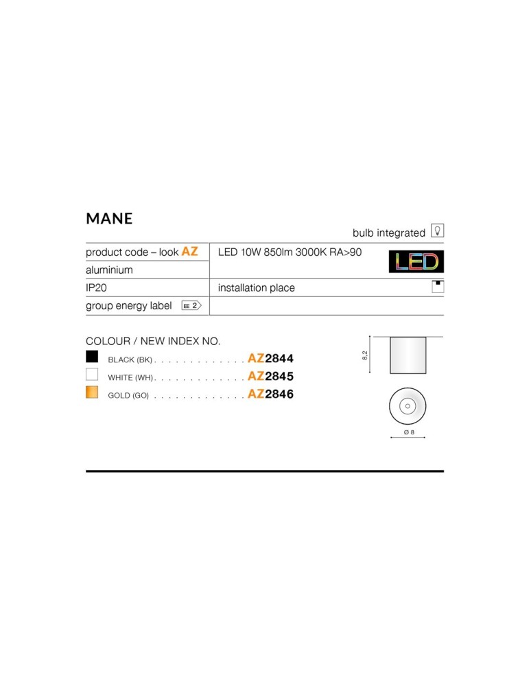 LED ceiling luminaires - Azzardo MANE BLACK 1xLED Surface Mounted Black AZ2844 - product kolory-swiatla.pl 2