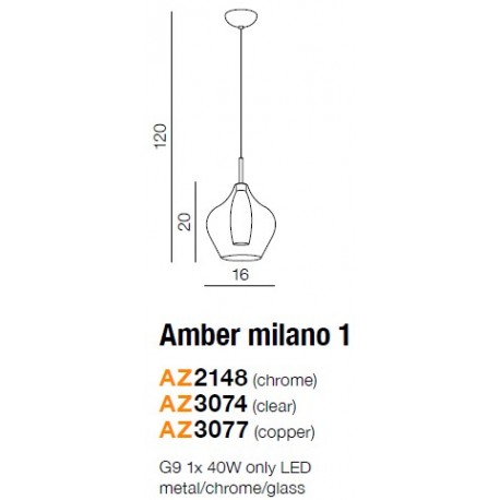 Azzardo AMBER MILANO 1 CHROME 1xG9 Chrome Pendant AZ2148