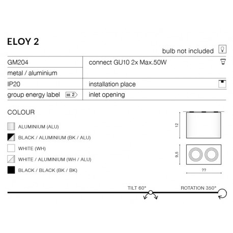 Azzardo ELOY 2 BLACK/ALUMINIUM 2xGU10 Natynkowa Czarny/Aluminium AZ1355