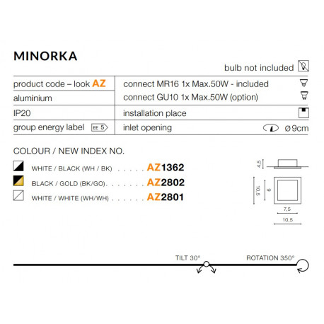 Azzardo MINORKA WHITE/BLACK 1xGU10 Wpuszczana Biały/Czarny AZ1362