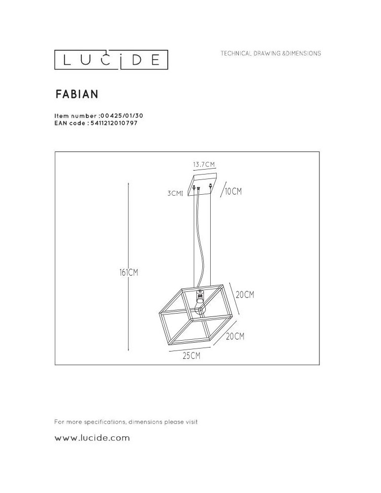 Lampy wiszące - Lucide FABIAN Wisząca Czarny 1xE27 Styl Nowoczesny 00425/01/30 - produkt kolory-swiatla.pl 7